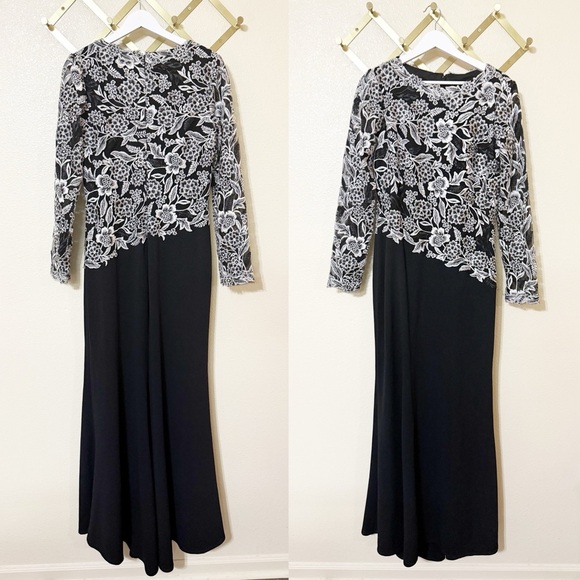 Tadashi Shoji Sequin Embroidered Floral Lace Long Sleeve Crepe Gown size 12 $418 - Picture 5 of 10